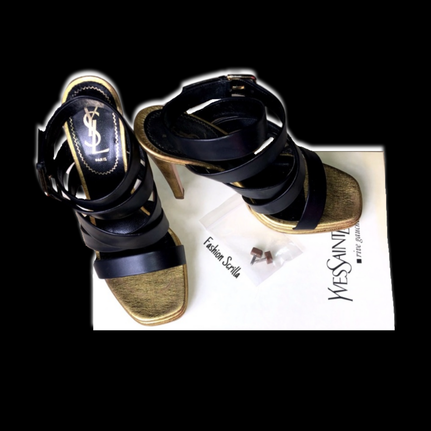 Vintage Yves Saint Laurent Montaig Nero Black And Gold Leather 105 Strappy Sandal Platform Heels