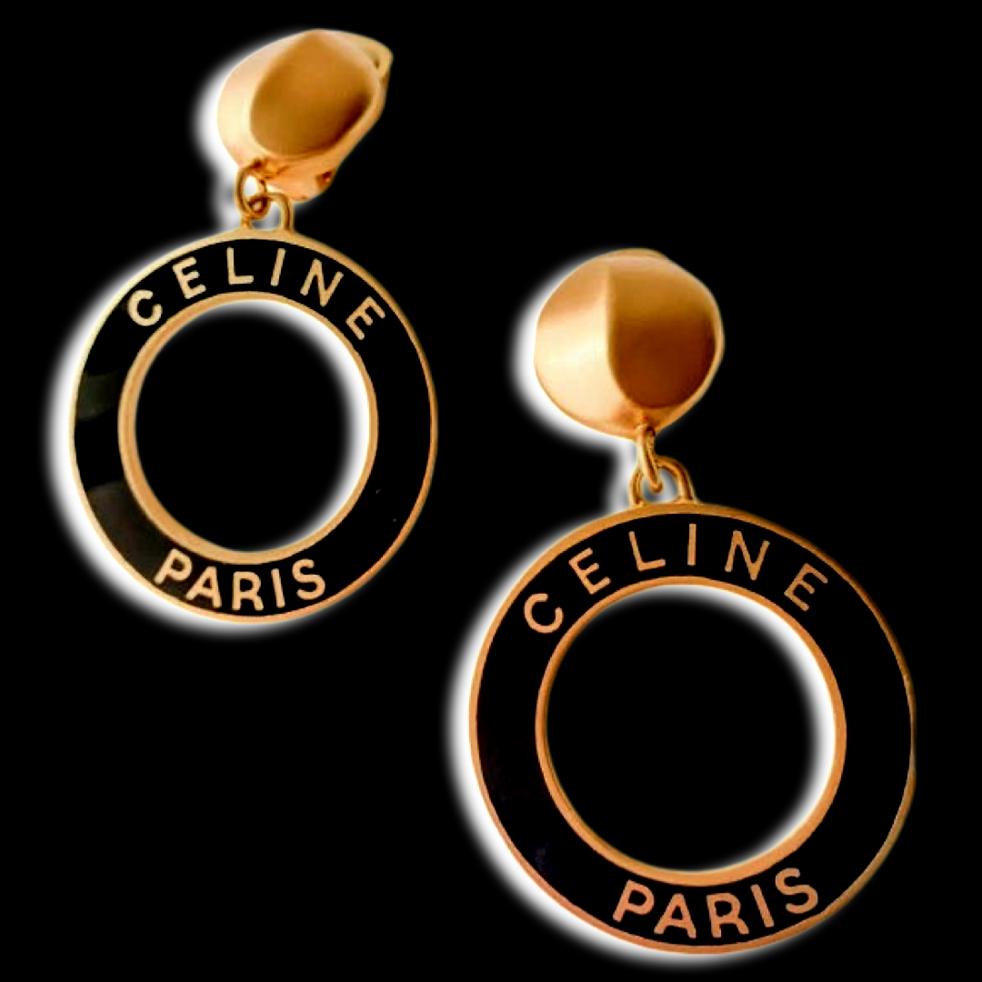 Vintage Celine Paris Gold Black Enamel Logo Signature Drop Hoop ClipOn Earrings