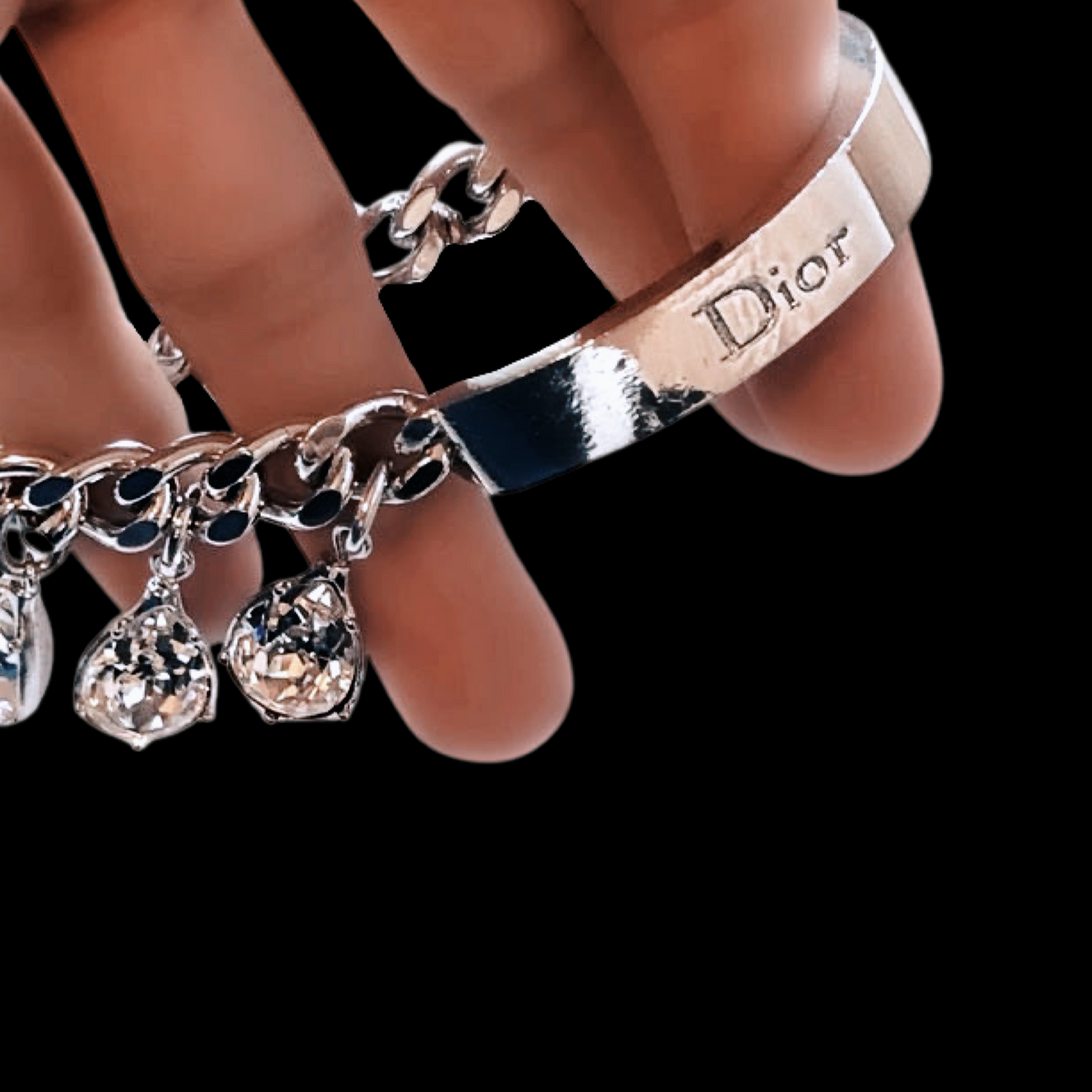 Vintage Christian Dior By John Galliano Crystal Embellished Silver Logo ID Runway Gambler Charm Bracelet
