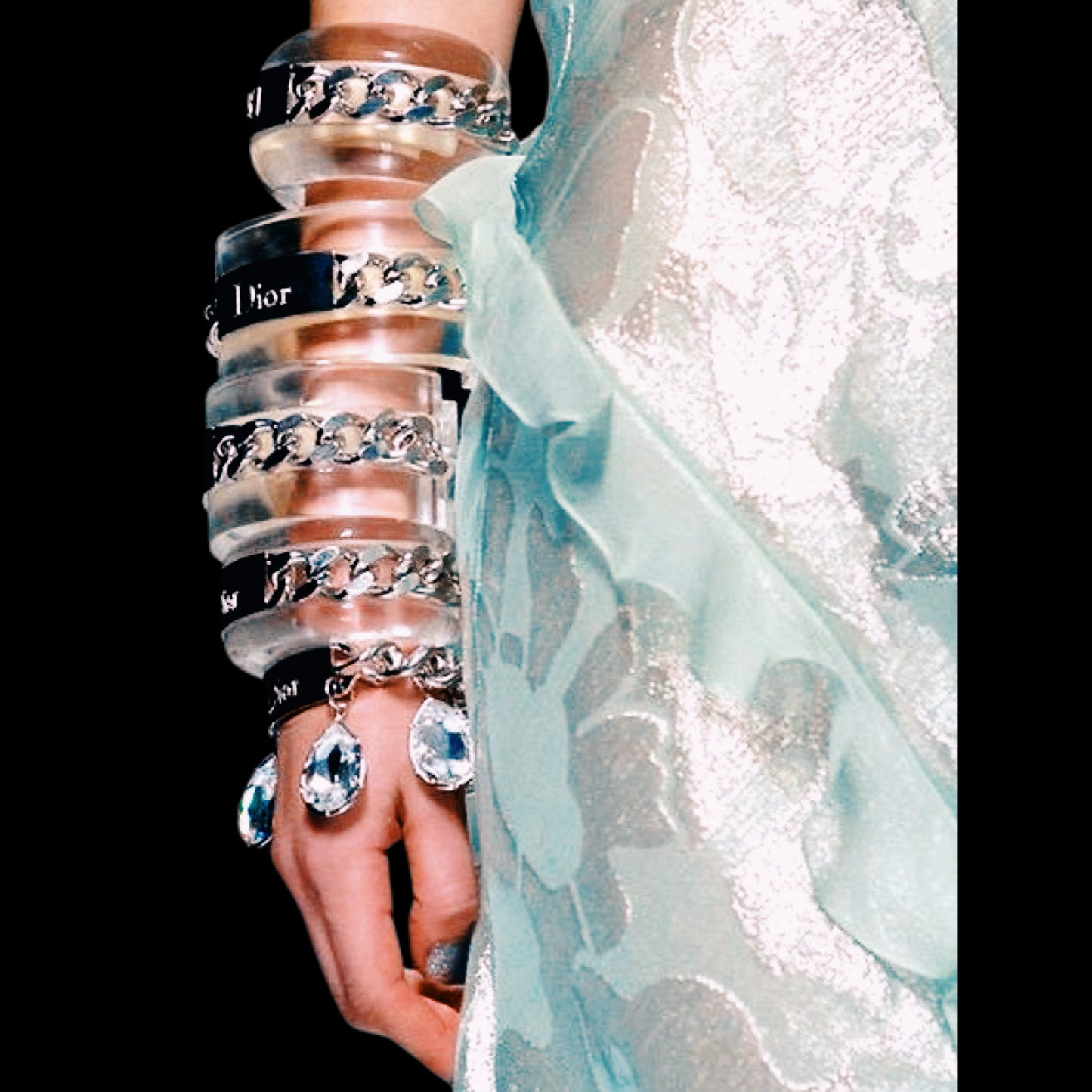 Vintage Christian Dior By John Galliano Crystal Embellished Silver Logo ID Runway Gambler Charm Bracelet