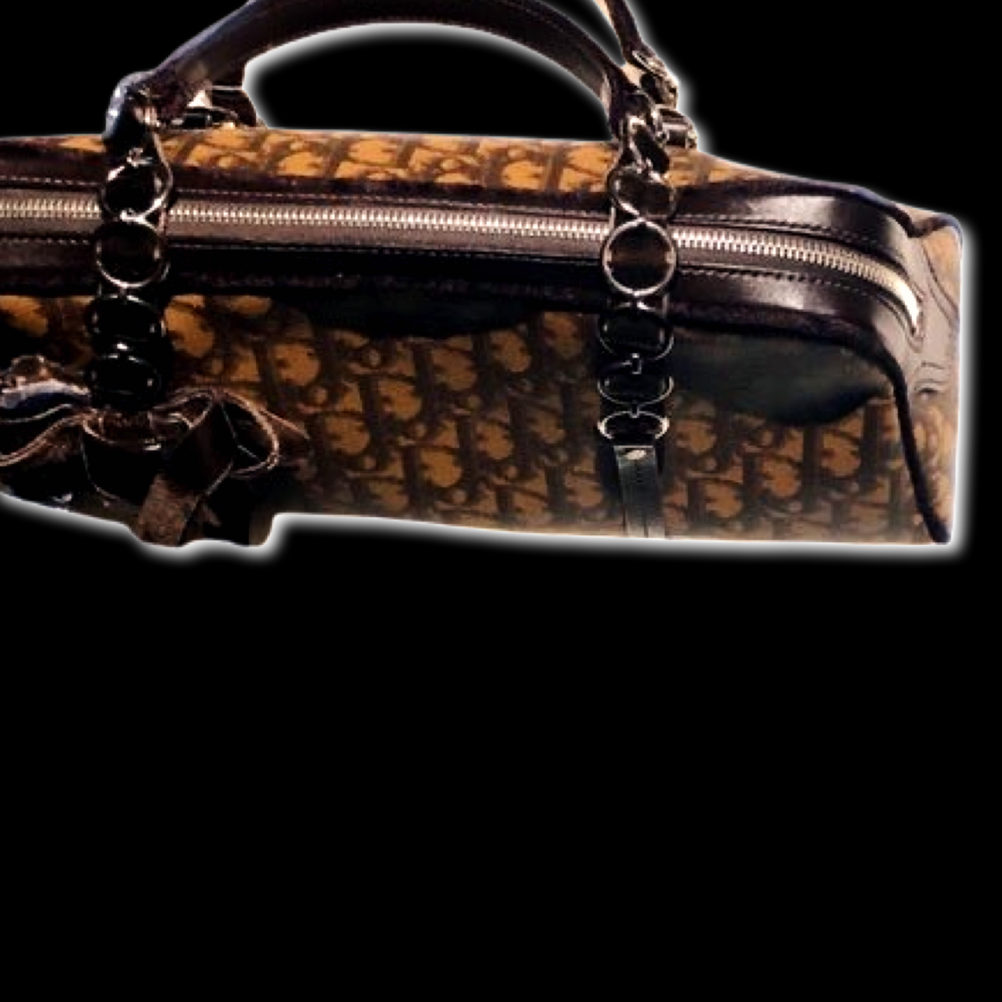 Vintage Christian Dior By John Galliano Chocolate Brown and Black Jacquard Monogram Logo Shoulder Bag With Velvet Chain Handle Strap Chiffon Silk Floral Appliqué