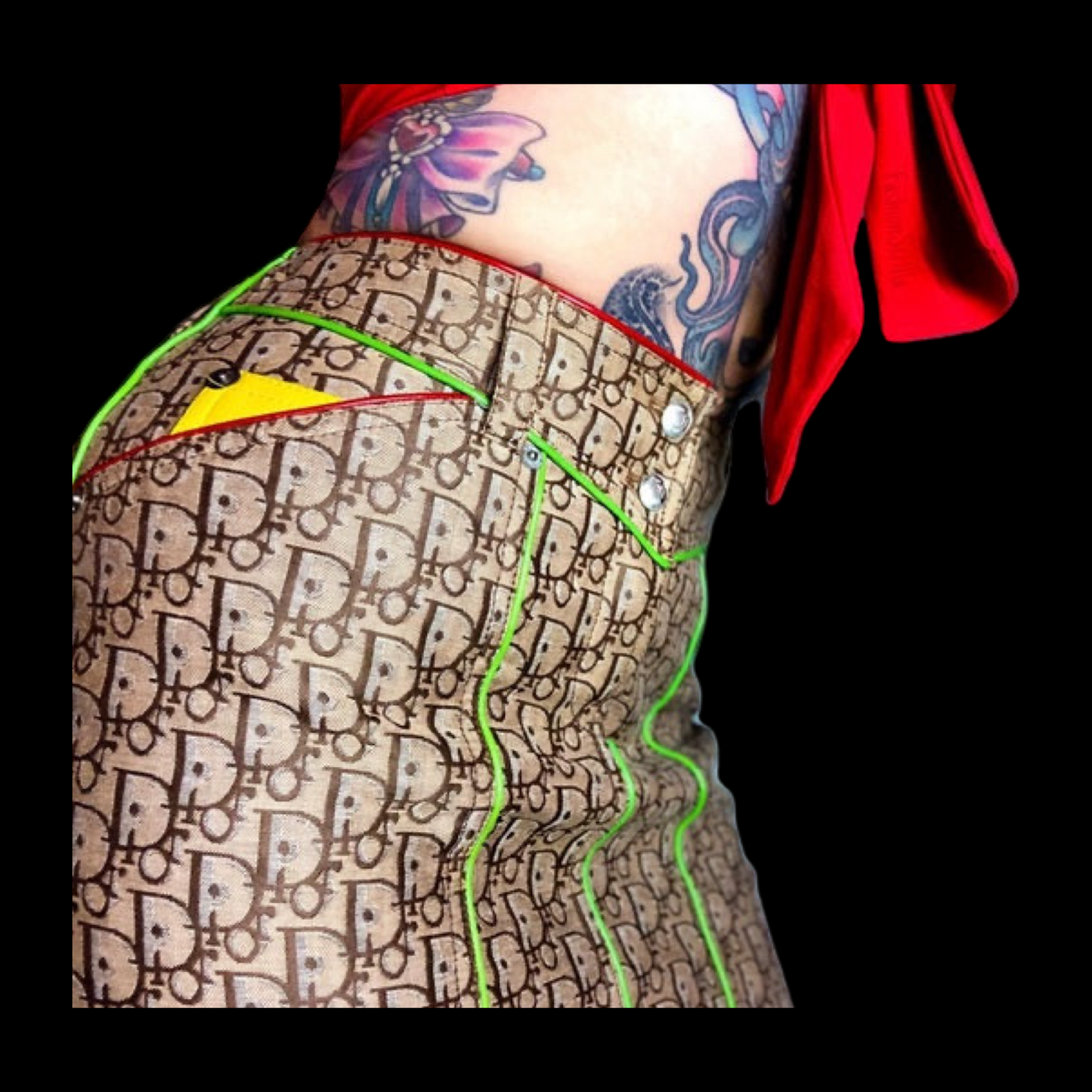 Vintage Christian Dior Monogram Logo Canvas & Leather Rasta Trotter Mini Skirt