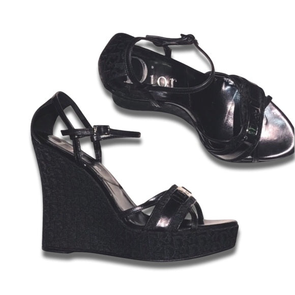 Vintage Dior Black Monogram Logo Platform Sandal Wedges Heels