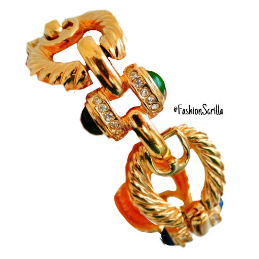 Vintage Givenchy Runway Gold Cable Link Multicolor Gripoix Cabochon Logo ‘GG’ Link Bracelet
