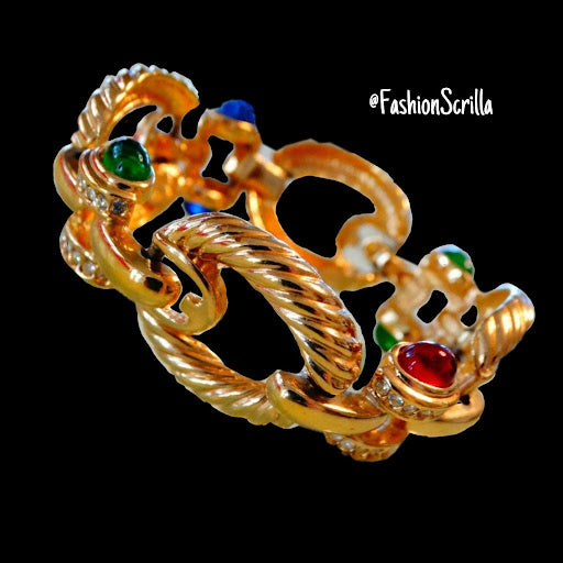 Vintage Givenchy Runway Gold Cable Link Multicolor Gripoix Cabochon Logo ‘GG’ Link Bracelet