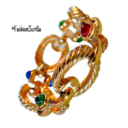 Vintage Givenchy Runway Gold Cable Link Multicolor Gripoix Cabochon Logo ‘GG’ Link Bracelet