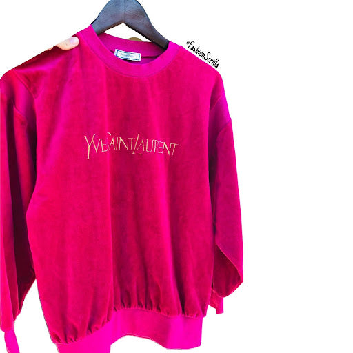 Vintage YSL Hot Pink XL Spelled Out Embroidered Yves Saint Laurent Monogram Logo Velour Sweatshirt