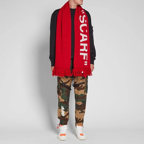 Off-White Red Fringed Scarf Intarsia-knit Wool Scarf