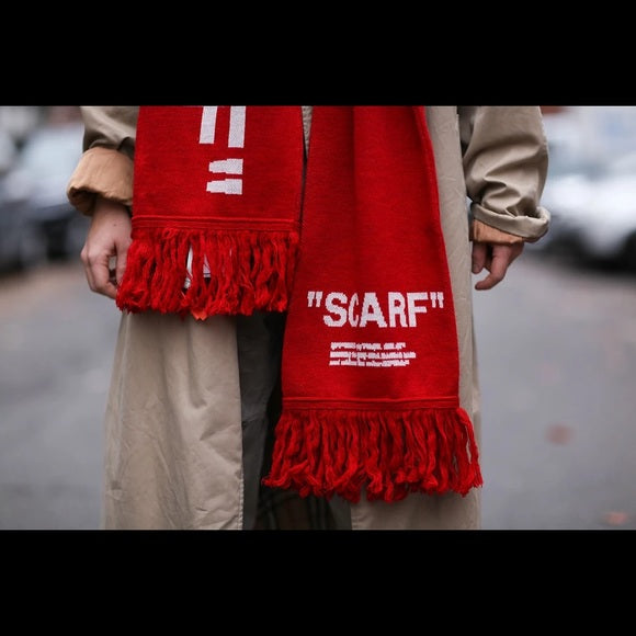Off-White Red Fringed Scarf Intarsia-knit Wool Scarf