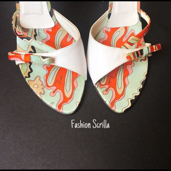 Vintage Emilio Pucci Vintage Orange Mint Off White And Silver Diamanté High Heels
