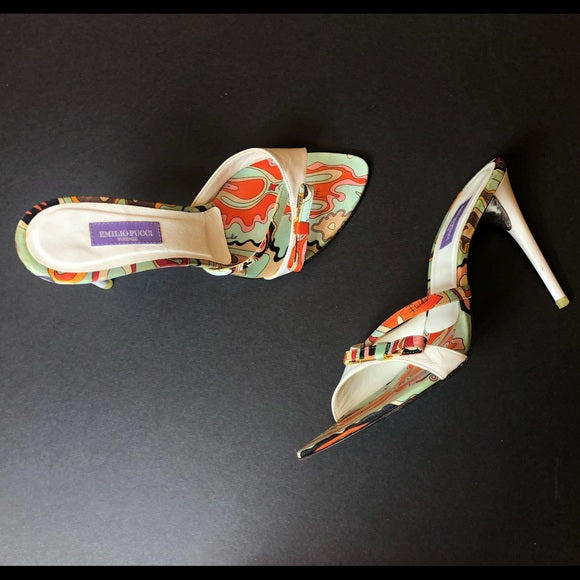 Vintage Emilio Pucci Vintage Orange Mint Off White And Silver Diamanté High Heels