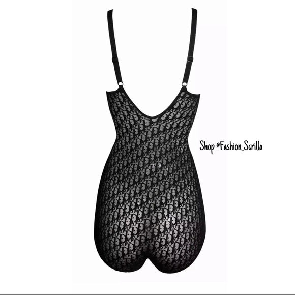 Dior Vintage Jacquard Monogram Trotter Sheer Logo Bodysuit Shapewear Lingerie