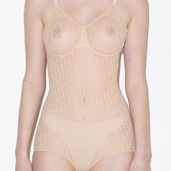 Dior Vintage Jacquard Monogram Trotter Sheer Logo Bodysuit Shapewear Lingerie