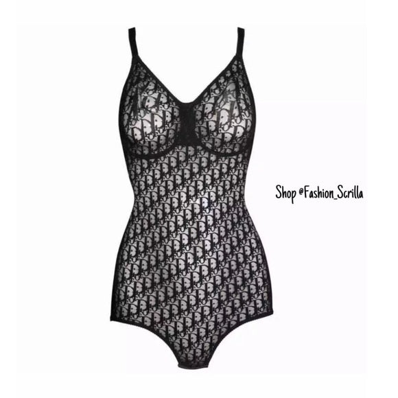 Dior Vintage Jacquard Monogram Trotter Sheer Logo Bodysuit Shapewear Lingerie