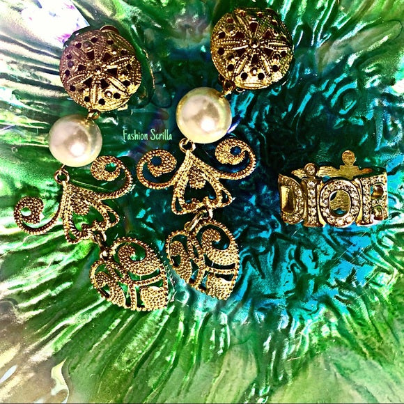 Vintage Christian Dior Spelled Out Crystal Logo Diamanté Ring