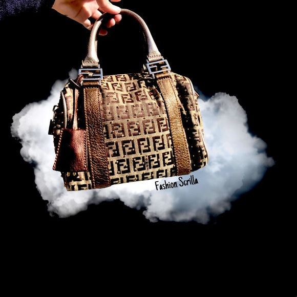 Vintage Fendi Zucchino FF Monogram Logo Metallic Tobacco Brown Gold Studded Forever Bauletto Boston Mini Bag