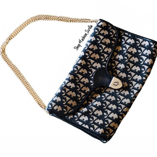 1970s Dior Vintage Blue Oblique Jacquard Monogram Logo Top Flap Chain Strap Bag