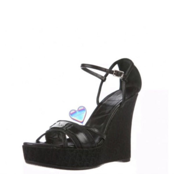 Vintage Dior Black Monogram Logo Platform Sandal Wedges Heels