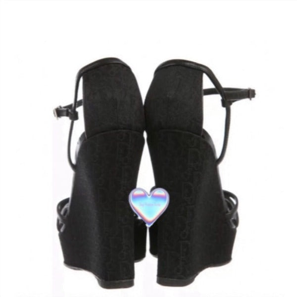 Vintage Dior Black Monogram Logo Platform Sandal Wedges Heels