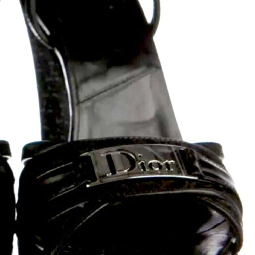 Vintage Dior Black Monogram Logo Platform Sandal Wedges Heels