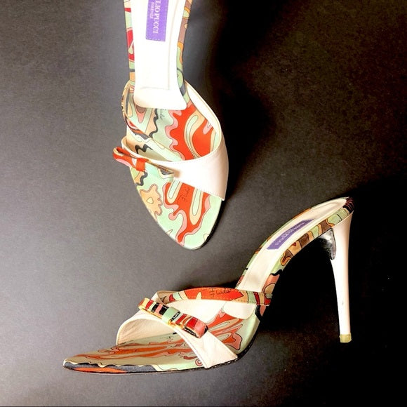 Vintage Emilio Pucci Vintage Orange Mint Off White And Silver Diamanté High Heels