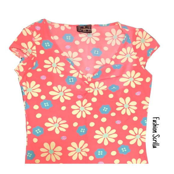 Vintage Fendi Zucca Monogram FF Logo Ladybug Pastel Daisy Floral Top Shirt