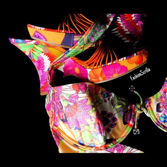 Vintage Dior By John Galliano Limited Edition Hawaiian Release Pink Purple Hawaii floral with Dice Charms Bikini Halter Top