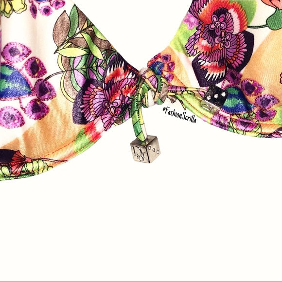 Vintage Dior By John Galliano Limited Edition Hawaiian Release Pink Purple Hawaii floral with Dice Charms Bikini Halter Top