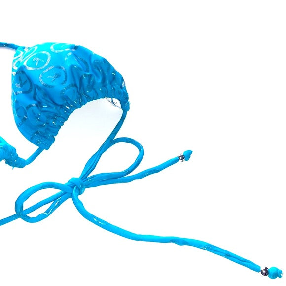 Playboy Vintage Blue Chrome Effect Bunny Crest Logo Bikini Halter Swim Top