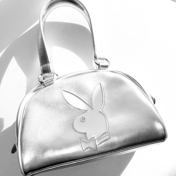 Vintage Playboy Silver Metallic Chrome XL White Bunny Logo Mini Handbag