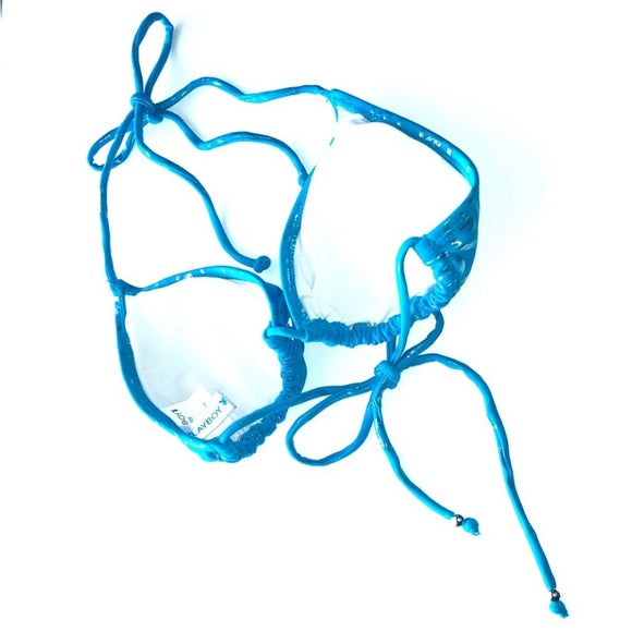 Playboy Vintage Blue Chrome Effect Bunny Crest Logo Bikini Halter Swim Top