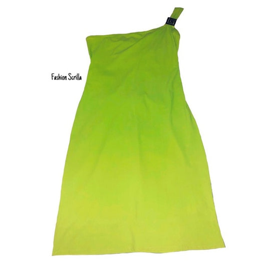 Vintage Versace Lime Green With Gold Greek Key Logo One Shoulder Mini Dress