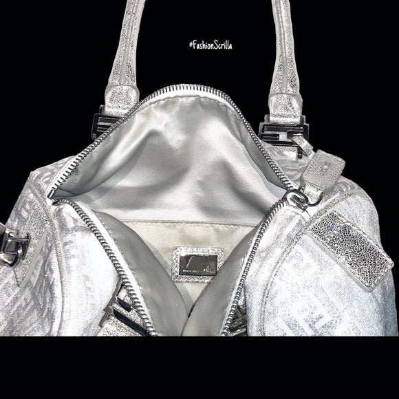 FENDI Vintage Metallic Silver - White Monogram Forever Boston Hand Bag