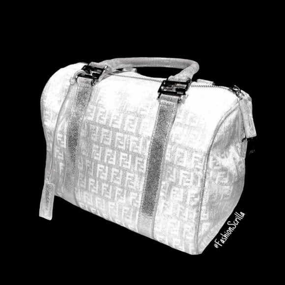 FENDI Vintage Metallic Silver - White Monogram Forever Boston Hand Bag