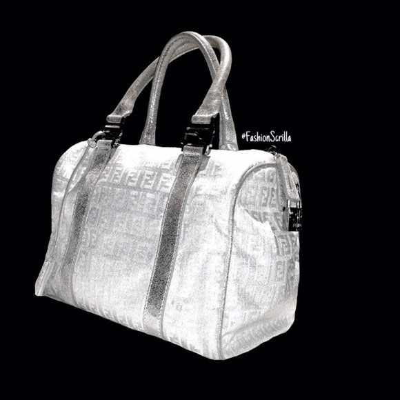 FENDI Vintage Metallic Silver - White Monogram Forever Boston Hand Bag