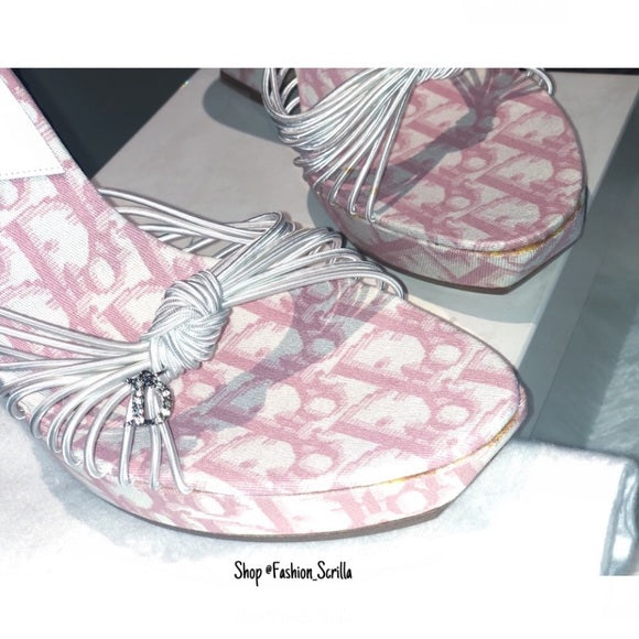 DIOR Vintage John Galliano Pink White Monogram Logo Trotter Platform Sandal Heel