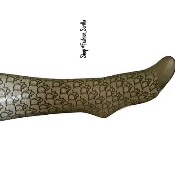 Dior Vintage Olive Green Y2K Monogram Logo Sheer Stockings Socks