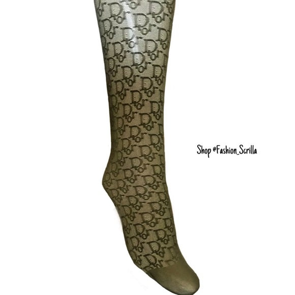 Dior Vintage Olive Green Y2K Monogram Logo Sheer Stockings Socks