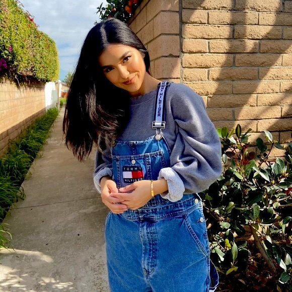 Vintage Tommy Hilfiger Embroidered Spelled Out Logo Patch Oversized Men’s Khaki Tan Denim Overall Jump Suit