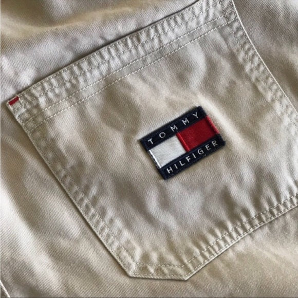 Vintage Tommy Hilfiger Embroidered Spelled Out Logo Patch Oversized Men’s Khaki Tan Denim Overall Jump Suit