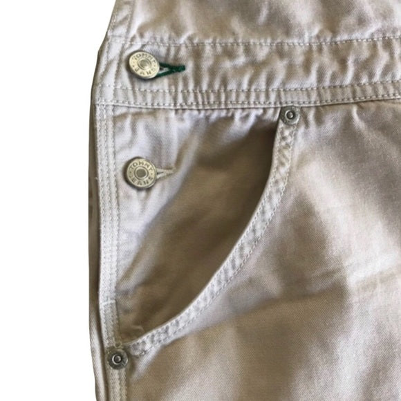 Vintage Tommy Hilfiger Embroidered Spelled Out Logo Patch Oversized Men’s Khaki Tan Denim Overall Jump Suit