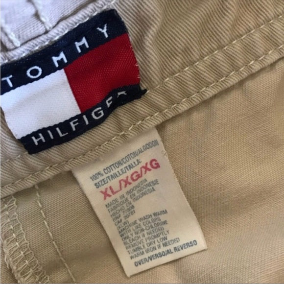 Vintage Tommy Hilfiger Embroidered Spelled Out Logo Patch Oversized Men’s Khaki Tan Denim Overall Jump Suit
