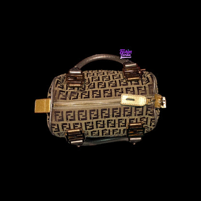 Vintage Fendi Zucchino FF Monogram Logo Metallic Tobacco Brown Gold Studded Forever Bauletto Boston Mini Bag