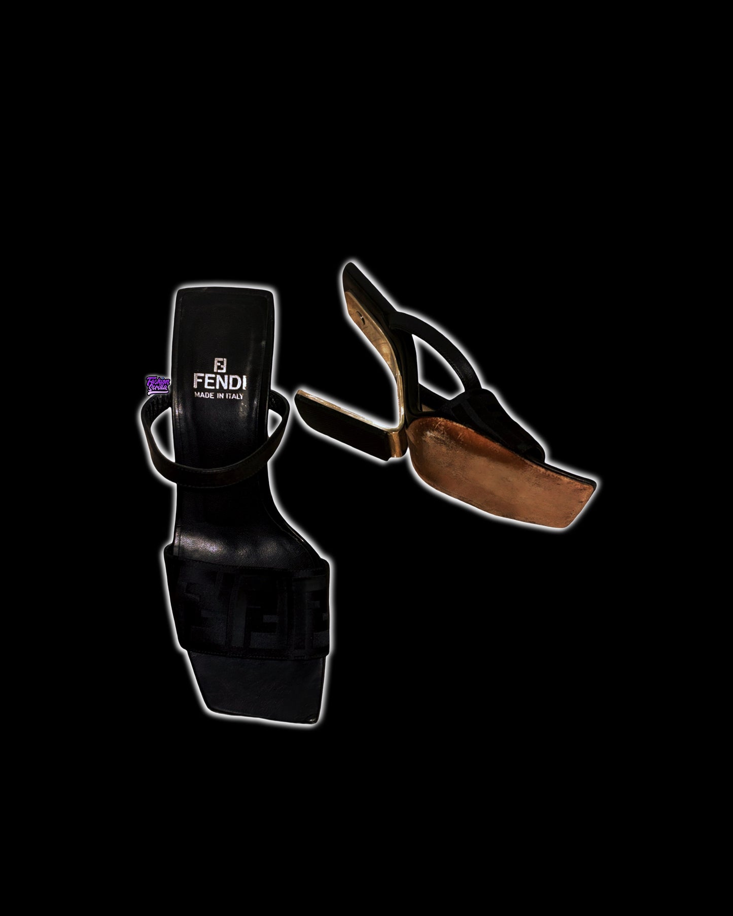 Fendi Vintage Monogram FF Logo Square Toe Y2K Sculpted Metal Heel Mule Sandals