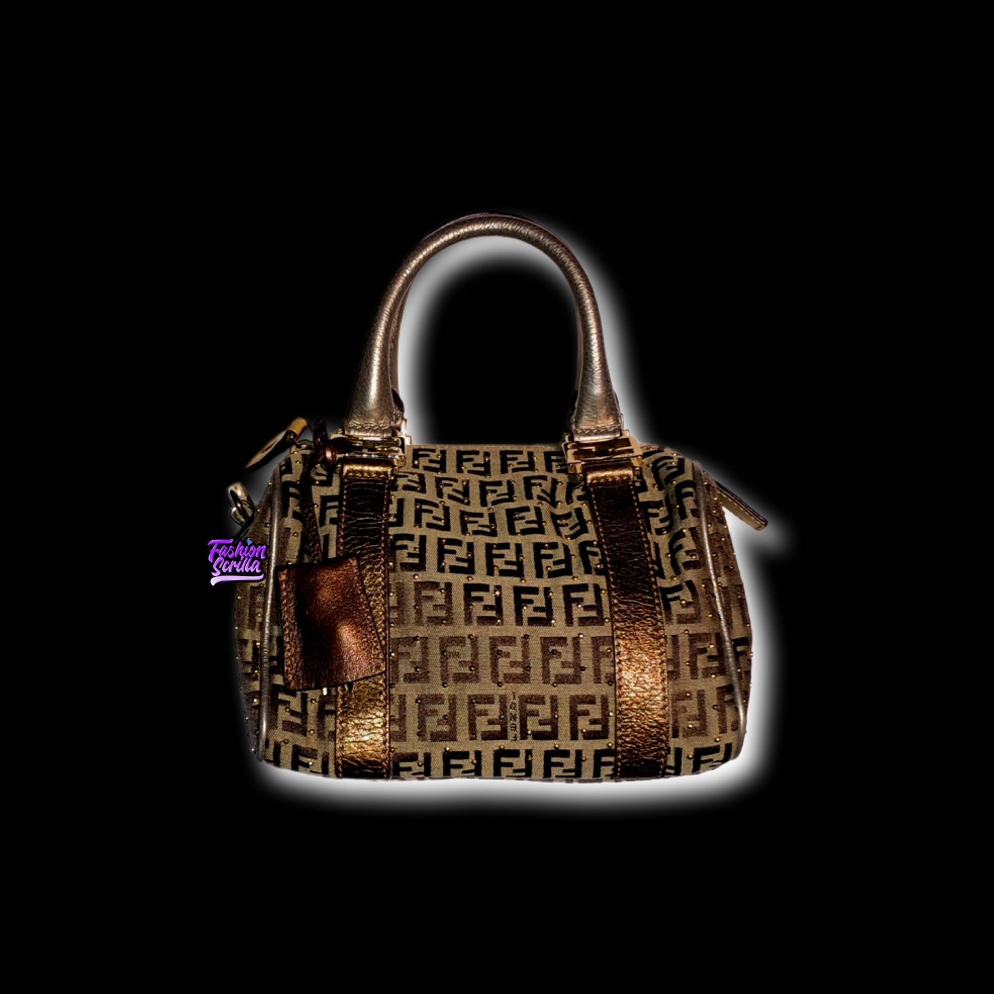 Vintage Fendi Zucchino FF Monogram Logo Metallic Tobacco Brown Gold Studded Forever Bauletto Boston Mini Bag