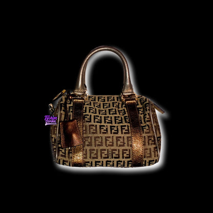 Vintage Fendi Zucchino FF Monogram Logo Metallic Tobacco Brown Gold Studded Forever Bauletto Boston Mini Bag