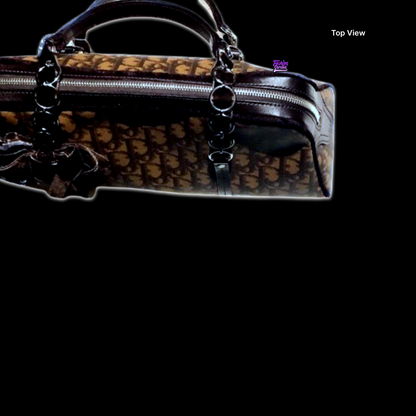 Vintage Christian Dior By John Galliano Jacquard Monogram Logo Brown Black and Silver Shoulder Bag With Velvet Chain Handle Straps Chiffon Silk Floral Appliqué