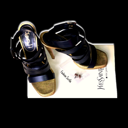 Vintage Yves Saint Laurent Montaig Nero Black And Gold Leather 105 Strappy Sandal Platform Heels