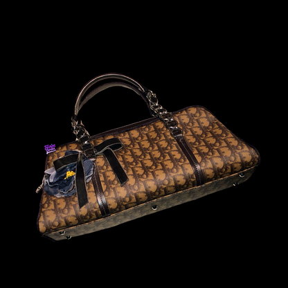 Vintage Christian Dior By John Galliano Jacquard Monogram Logo Brown Black and Silver Shoulder Bag With Velvet Chain Handle Straps Chiffon Silk Floral Appliqué