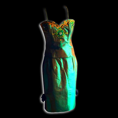 Vintage Marisa Baratelli Pure Silk Iridescent Green And Gold Embellished Embroidery Corset Bustier Skinny Removable Strap Convertible Top with Coordinating Skirt